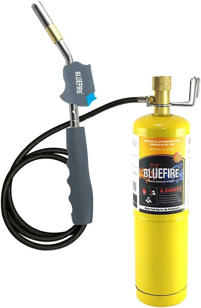BLUEFIRE HZ-8388B Self Igniting 3' Hose Gas Welding Torch with Handy Clip and MAPP Bottle,Super Swirl Flame Handhold Portable Hosed Nozzle Head Fuel by Propane MAP Pro (Torch kit with MAPP)