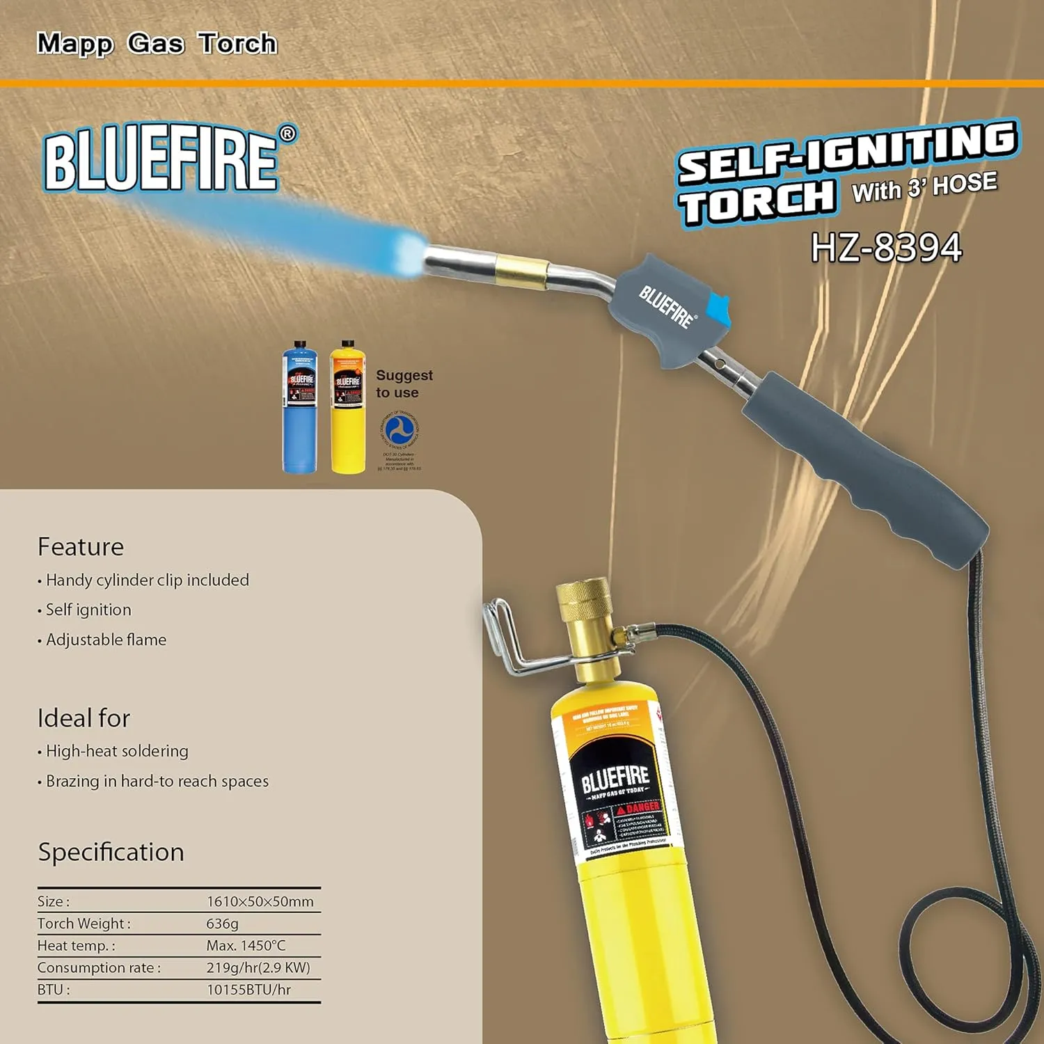 BLUEFIRE HZ-8388B Self Igniting 3' Hose Gas Welding Torch with Handy Clip and MAPP Bottle,Super Swirl Flame Handhold Portable Hosed Nozzle Head Fuel by Propane MAP Pro (Torch kit with MAPP)