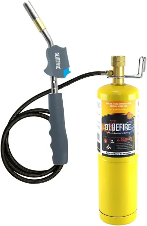 BLUEFIRE HZ-8388B Self Igniting 3' Hose Gas Welding Torch with Handy Clip and MAPP Bottle,Super Swirl Flame Handhold Portable Hosed Nozzle Head Fuel by Propane MAP Pro (Torch kit with MAPP)