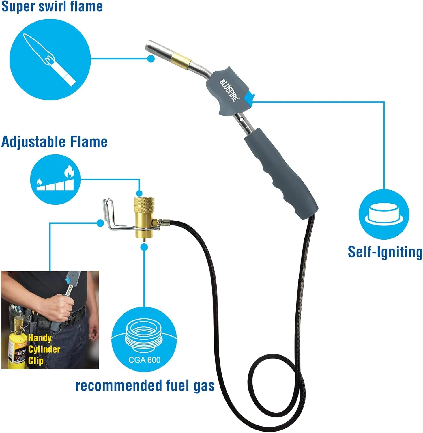 BLUEFIRE HZ-8388B Self Igniting 3' Hose Gas Welding Torch with Handy Clip and MAPP Bottle,Super Swirl Flame Handhold Portable Hosed Nozzle Head Fuel by Propane MAP Pro (Torch kit with MAPP)