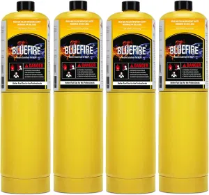BLUEFIRE Modern MAPP Gas Cylinder, 14.1 oz, 99.9% High Purity Propylene Equal To MAP-PRO, Hotter than Small Propane Tank, for Propane Torch Soldering Torch Welding Brazing (4 Pack)