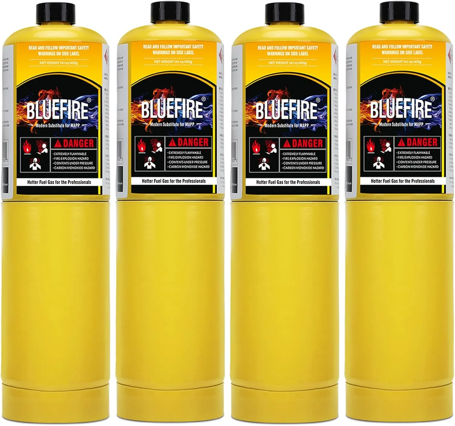 BLUEFIRE Modern MAPP Gas Cylinder, 14.1 oz, 99.9% High Purity Propylene Equal To MAP-PRO, Hotter than Small Propane Tank, for Propane Torch Soldering Torch Welding Brazing (4 Pack)