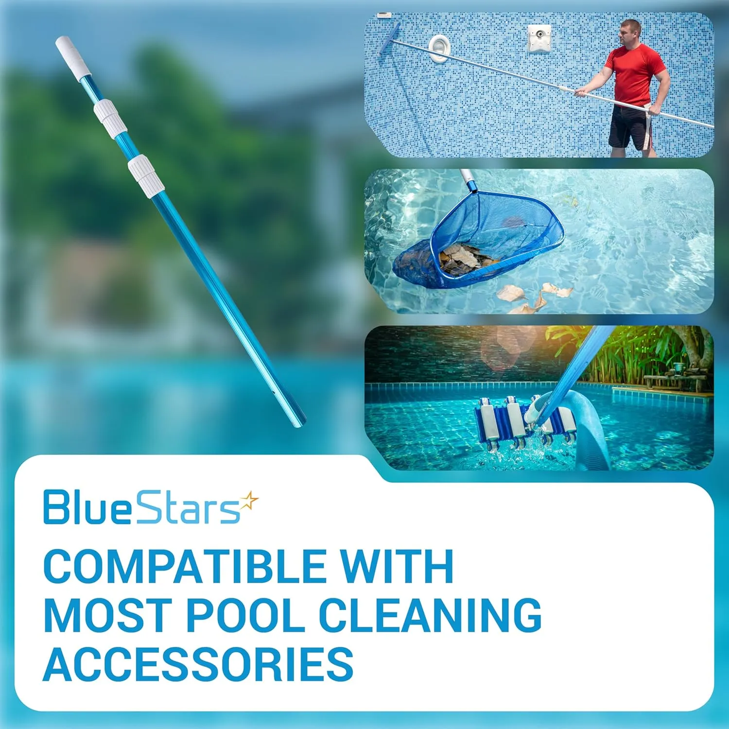 BlueStars Heavy Duty 12ft Aluminum Telescopic Swimming Pool Pole - Adjustable 3-Piece Expandable Step-Up - 1-1/4" Diameter Connection End - Attach Skimmer Nets, Rakes, Brushes, Vacuum Heads
