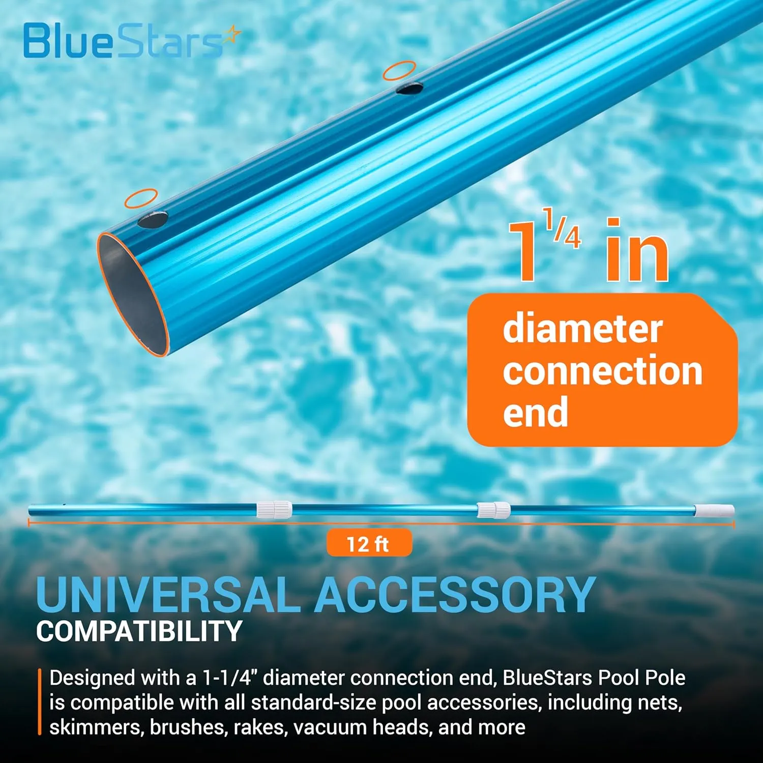 BlueStars Heavy Duty 12ft Aluminum Telescopic Swimming Pool Pole - Adjustable 3-Piece Expandable Step-Up - 1-1/4" Diameter Connection End - Attach Skimmer Nets, Rakes, Brushes, Vacuum Heads