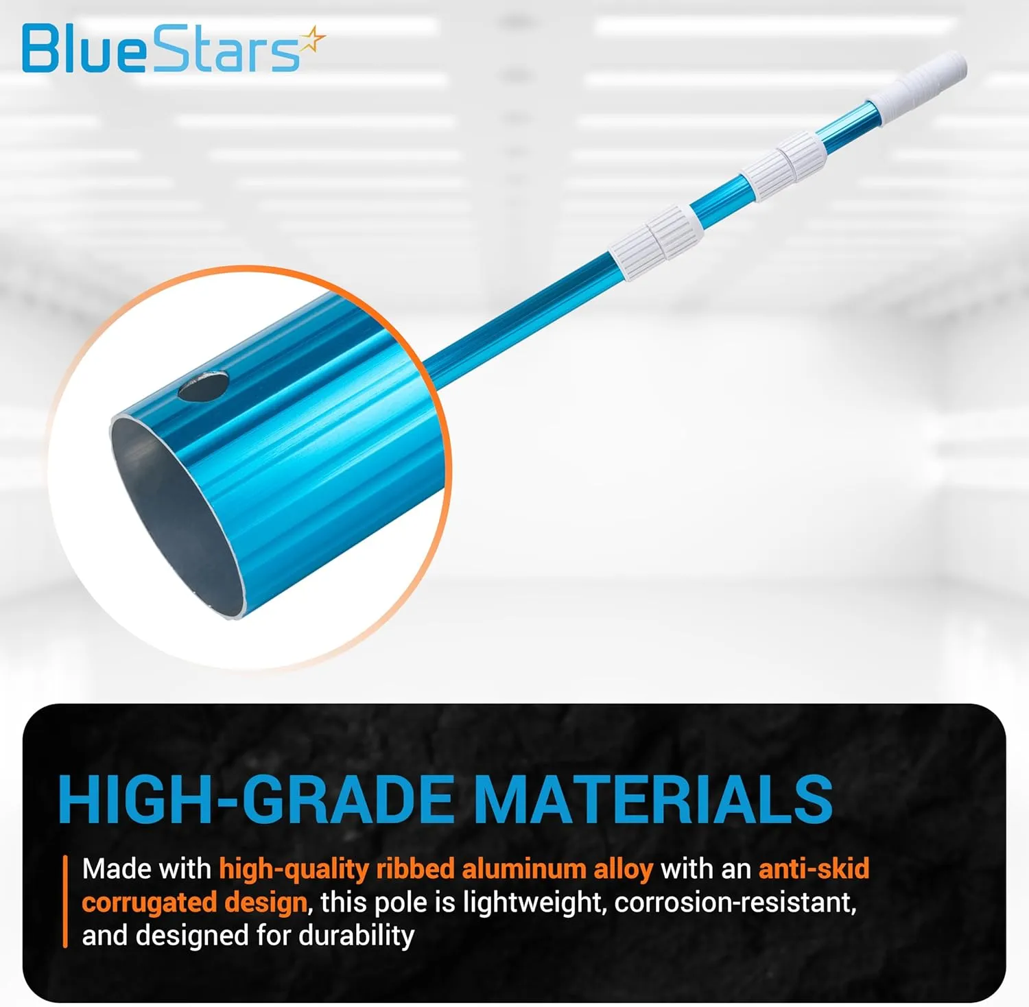 BlueStars Heavy Duty 12ft Aluminum Telescopic Swimming Pool Pole - Adjustable 3-Piece Expandable Step-Up - 1-1/4" Diameter Connection End - Attach Skimmer Nets, Rakes, Brushes, Vacuum Heads