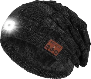 Bluetooth Beanie with Light for Men, Beanie with Light Unisex USB Rechargeable Hands-Free 4 LED, Headlamp Cap with Wireless Headphones Built-in Speaker Mic Gifts for Men Dad Teen (Black)
