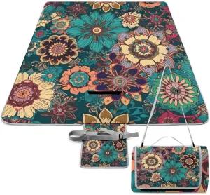 Bohemian Flower Picnic Blanket Outdoor, Oversized Beach Blanket, Foldable Lightweight Waterproof Sand Cushion Suitable for Beaches, Camping Grasslands Mat
