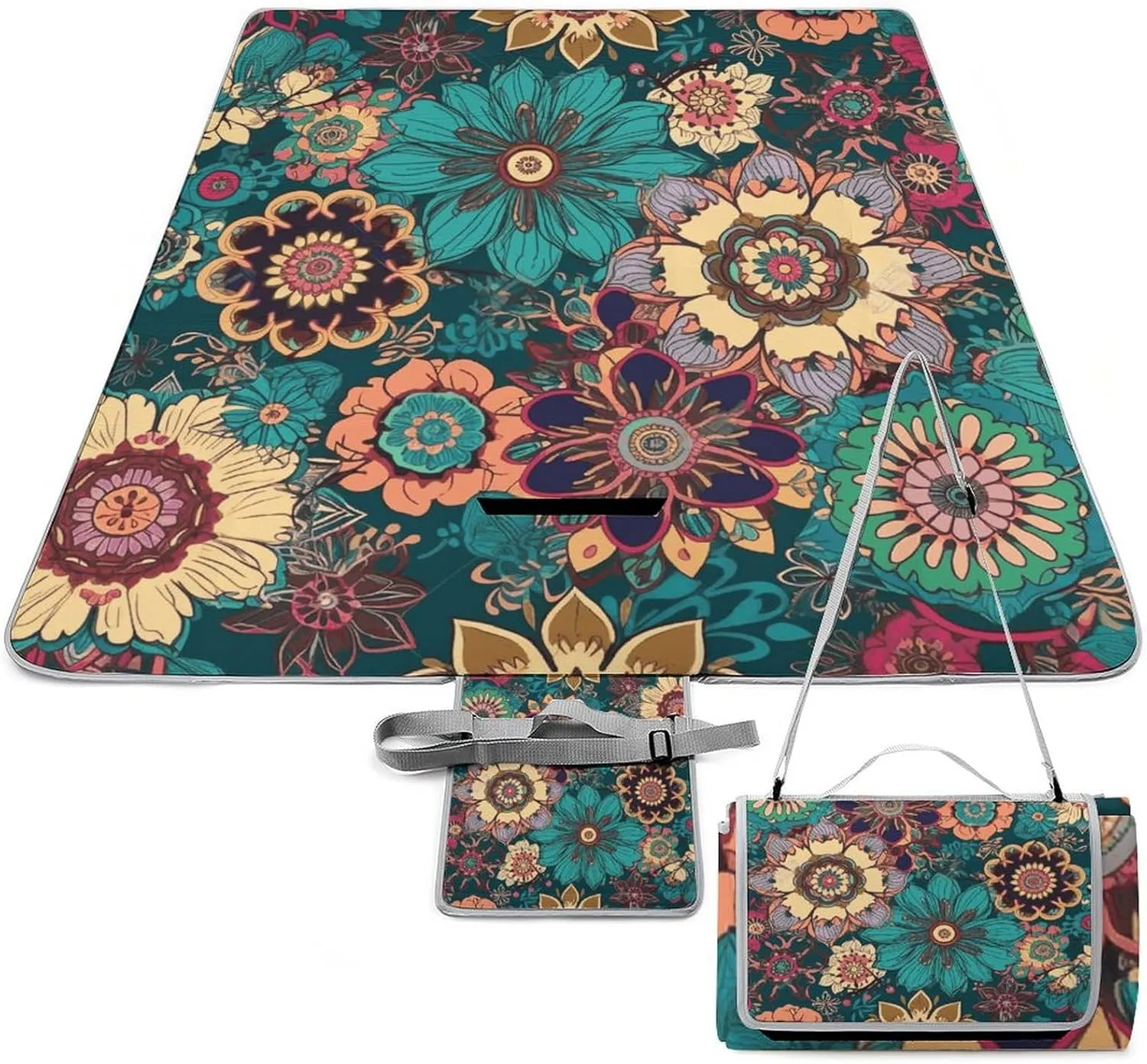 Bohemian Flower Picnic Blanket Outdoor, Oversized Beach Blanket, Foldable Lightweight Waterproof Sand Cushion Suitable for Beaches, Camping Grasslands Mat