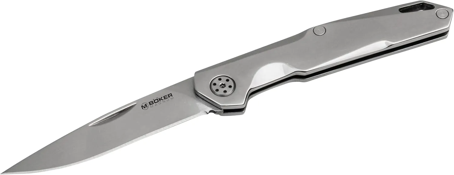 Boker Magnum Shiny EDC Pocket Knife - Small Multipurpose Folding Knife with 2.36 Inch, 8Cr13MoV Steel Blade and Stainless Steel Handle, Lightweight Everyday Carry (01SC086)