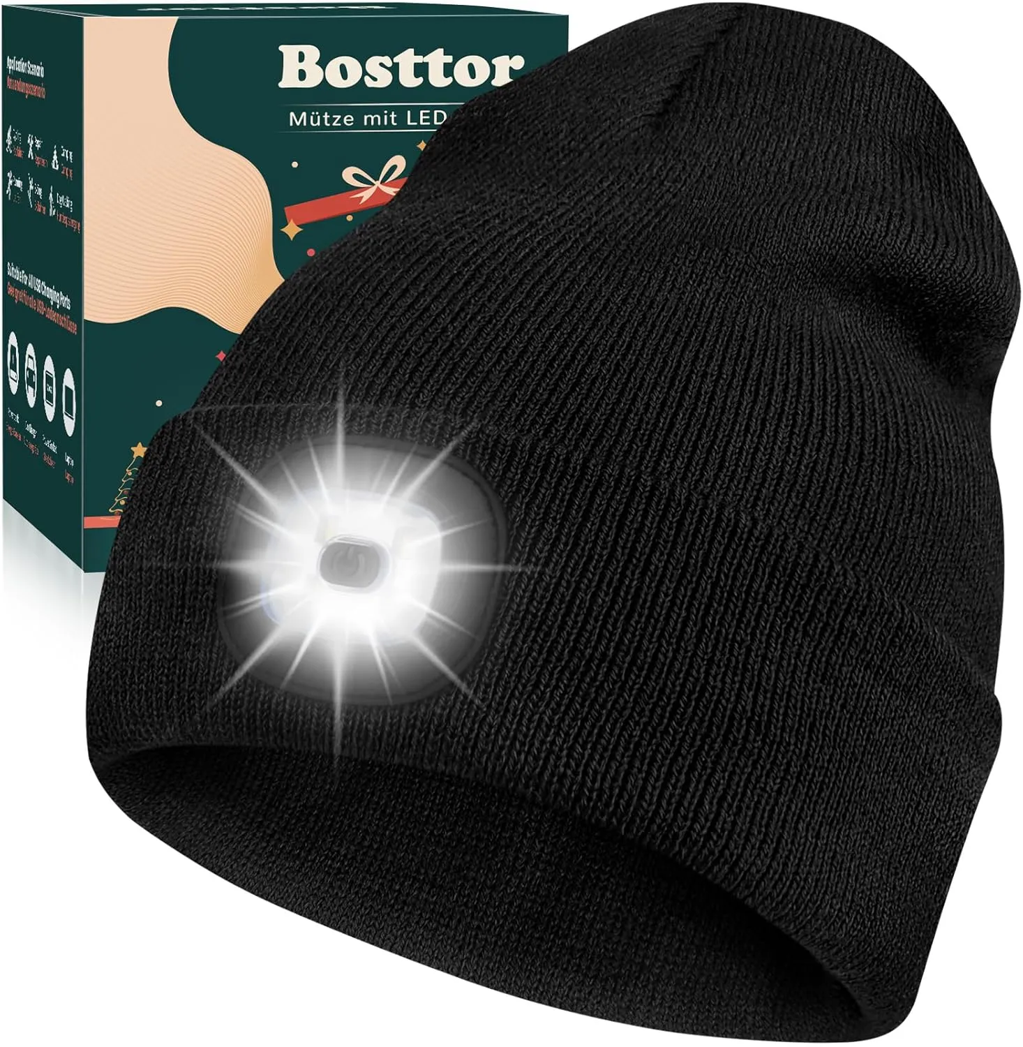 Bosttor LED Beanie Hat with Light, Rechargeable Headlamp Cap, Unisex Winter Warm Knitted Hats, Headlight Flashlight for Running Hiking Camping,Tech Gifts for Men Women Handyman Teens Black