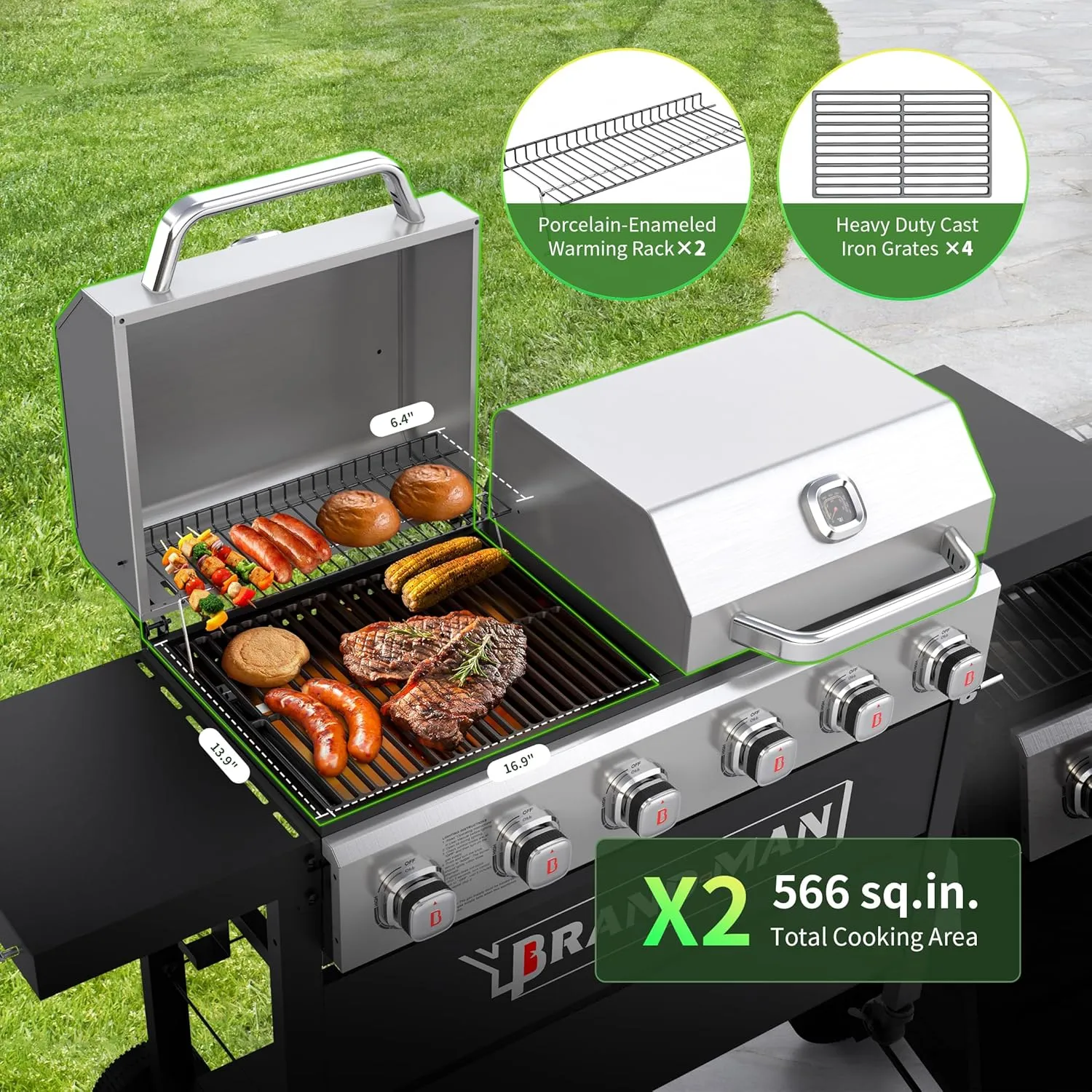 Brand-Man 6 Burner Propane Gas Grill, BBQ Grill with Double Stainless Steel Lids & Porcelain-Enameled Cast Iron Grates for Outdoor Kitchen & Backyard Barbecue Cooking, 60,000 BTUs Output
