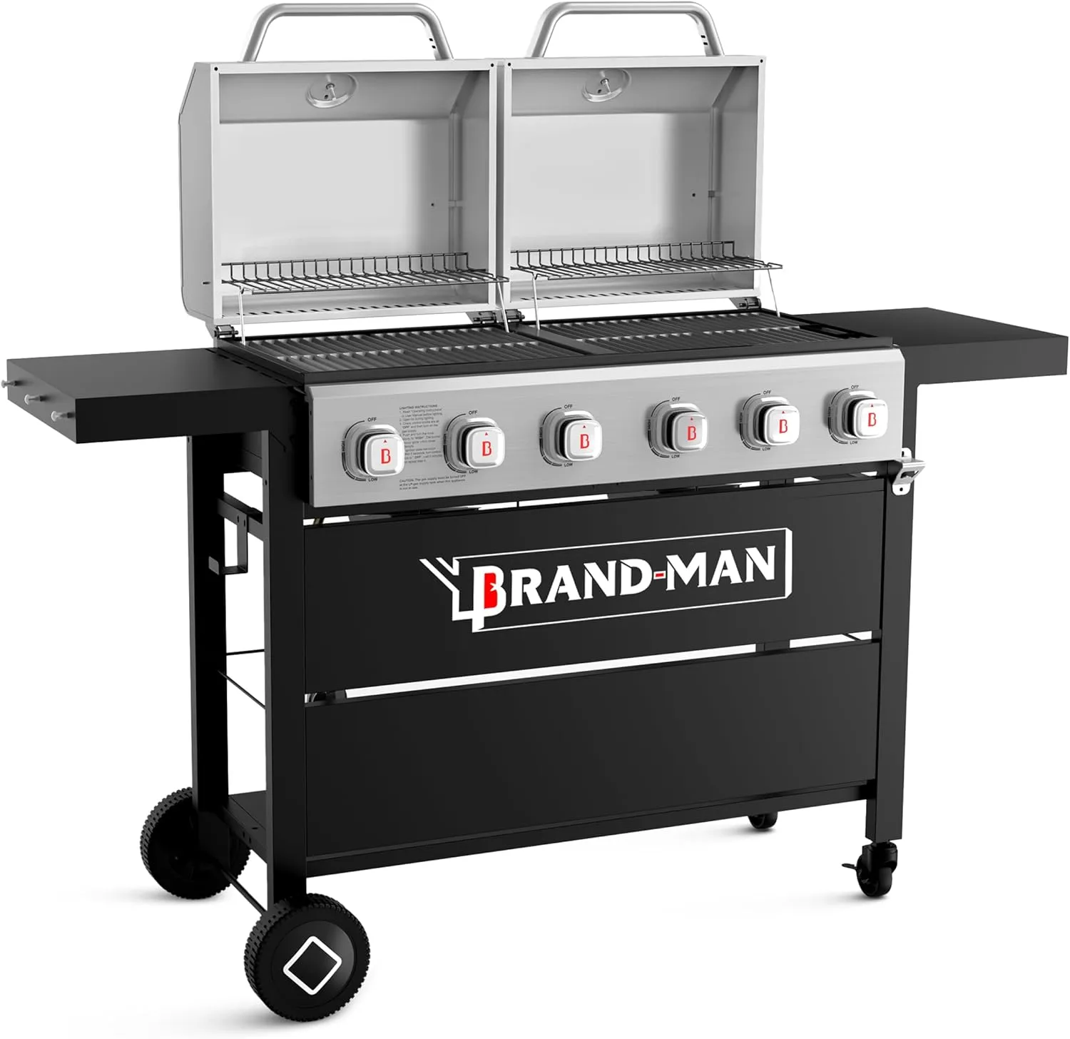Brand-Man 6 Burner Propane Gas Grill, BBQ Grill with Double Stainless Steel Lids & Porcelain-Enameled Cast Iron Grates for Outdoor Kitchen & Backyard Barbecue Cooking, 60,000 BTUs Output
