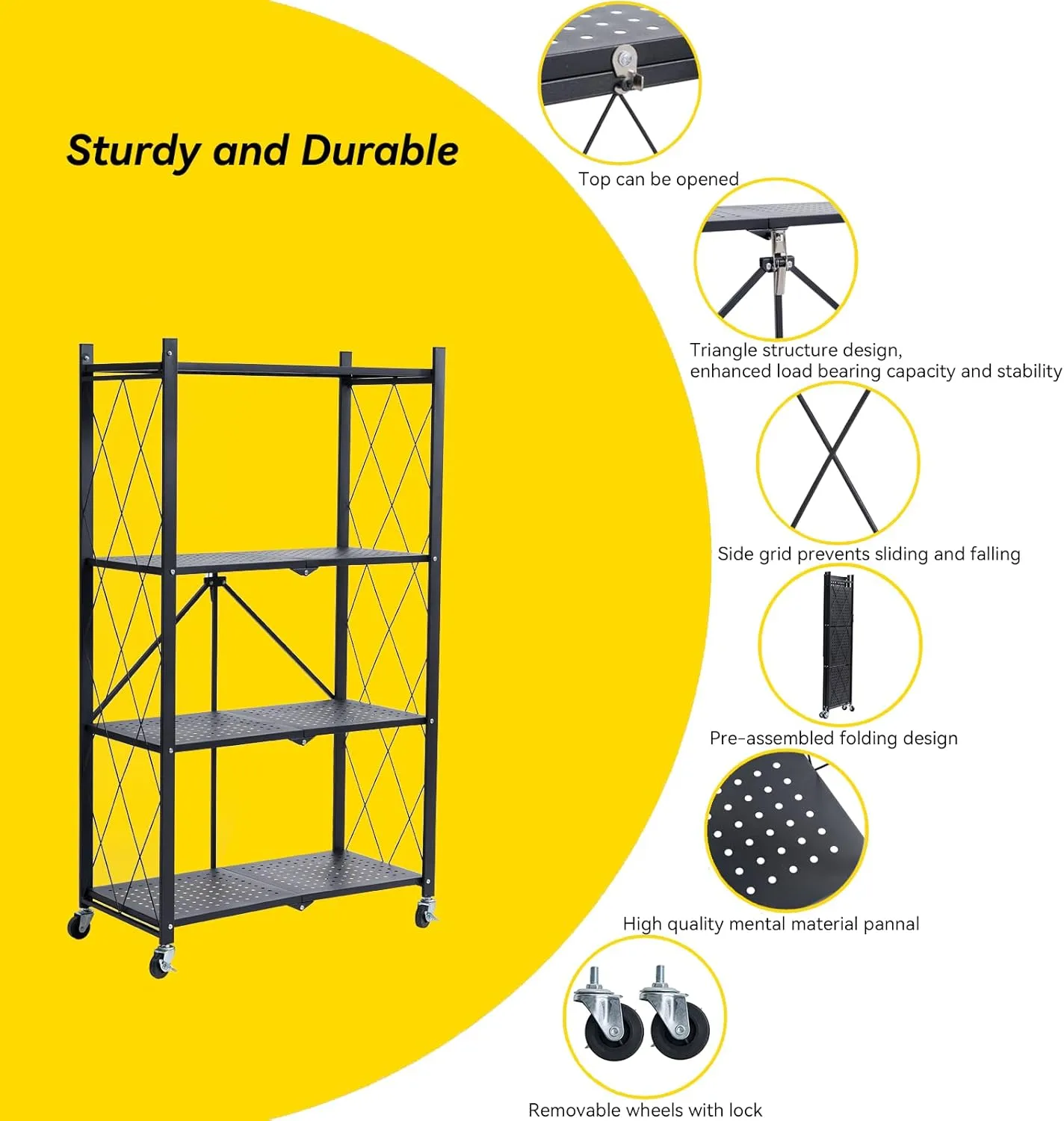 BRIAN & DANY 4-Shelf Foldable Storage Shelves with Wheels, Folding Metal Rack Shelving Unit, Heavy Duty No Assembly Organizer Shelf for Garage, Kitchen, Basement, Pantry, Black