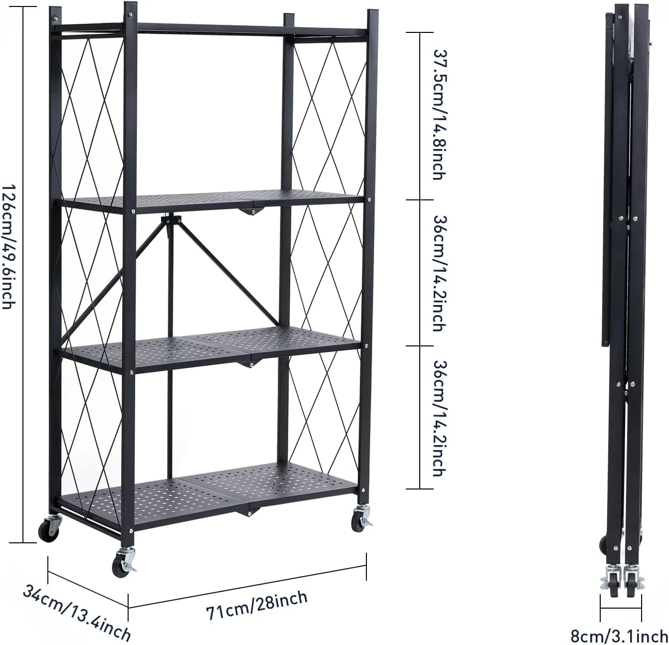 BRIAN & DANY 4-Shelf Foldable Storage Shelves with Wheels, Folding Metal Rack Shelving Unit, Heavy Duty No Assembly Organizer Shelf for Garage, Kitchen, Basement, Pantry, Black