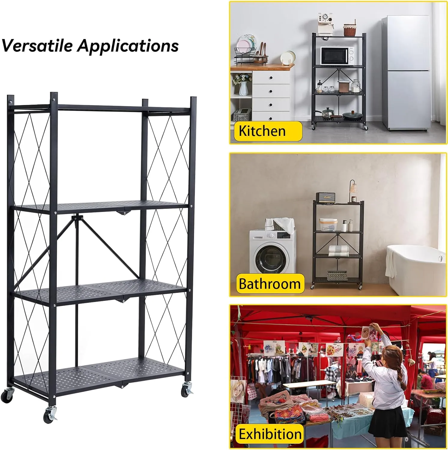 BRIAN & DANY 4-Shelf Foldable Storage Shelves with Wheels, Folding Metal Rack Shelving Unit, Heavy Duty No Assembly Organizer Shelf for Garage, Kitchen, Basement, Pantry, Black