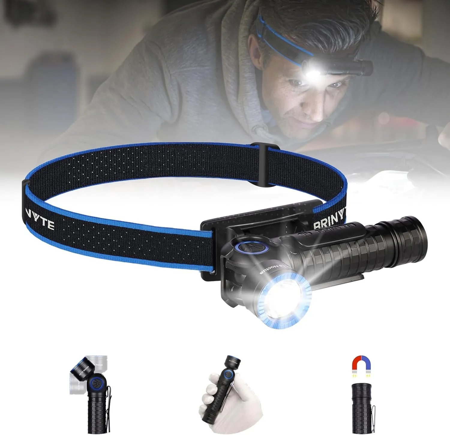Brinyte HL18 Rechargeable Right Angle Headlamp Detachable L-Shape Flashlight with Magnetic Base 90 Degree Swivel 1600 Lumens Bright Waterproof Headlamp for Repairing Work