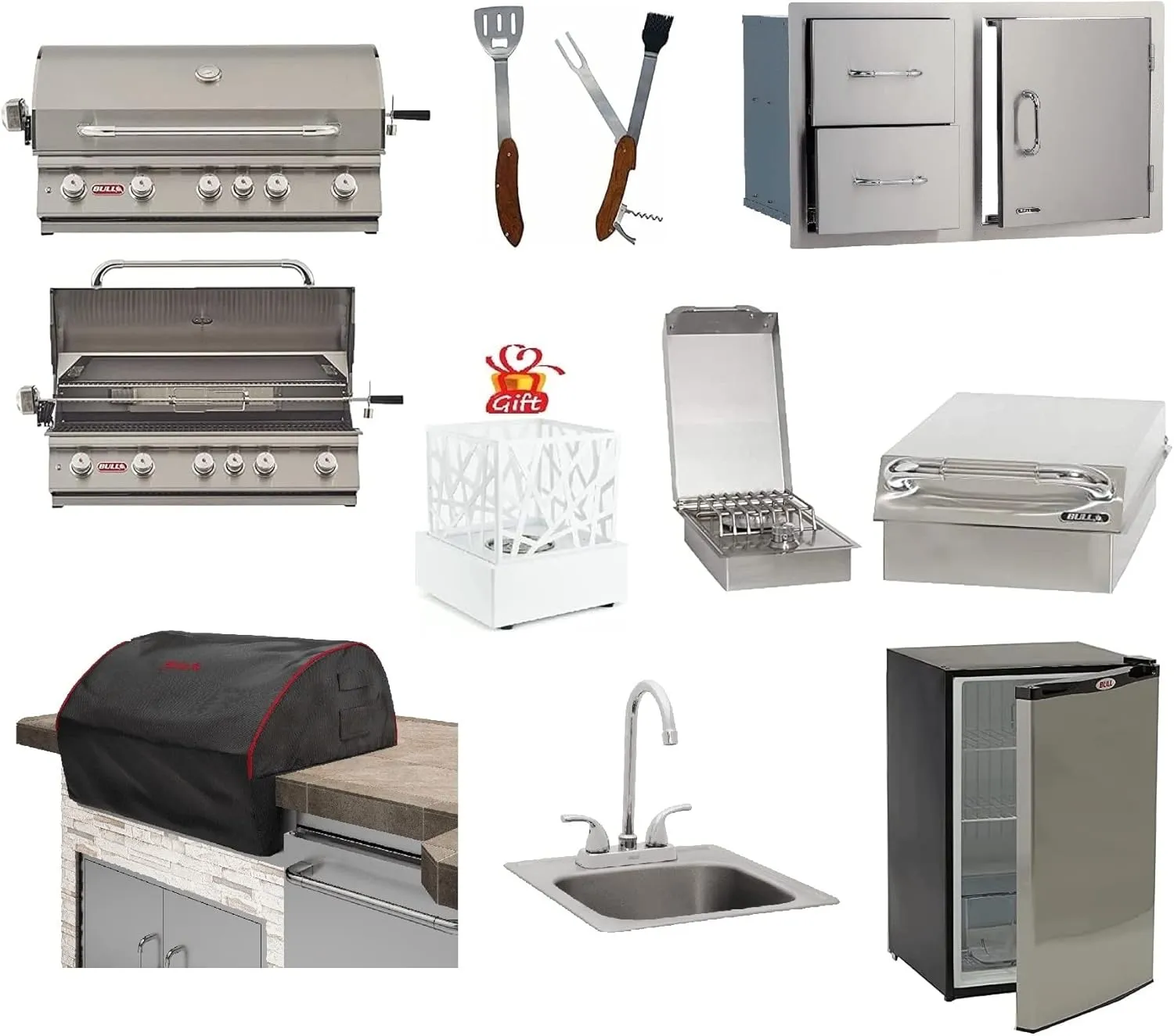 Bull Brahma 38" Liquid Propane Grill set with Single Side Burner, Stainless Steel Sink, Grill Cover, Refrigerator, Door/Drawer Combo w/ 5 in 1 BBQ Tool Set | FREE Bio-Ethanol Table-top Fire pit