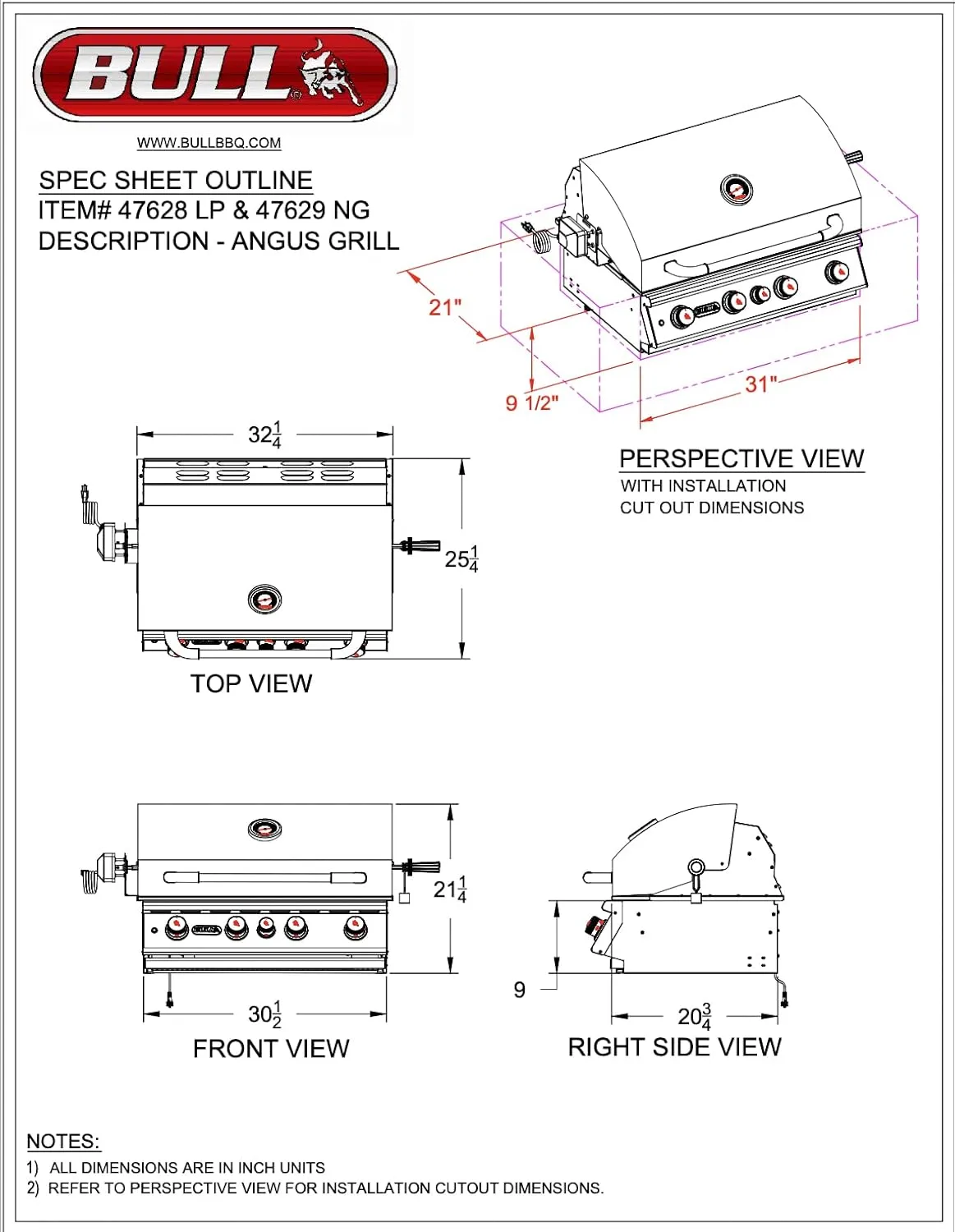 Bull Outdoor Products BBQ 47628 Angus 75,000 BTU Grill Head, LP, 304 Stainless Steel, 4 Burners, 810 sq. Inches, Twin Lights, Rotisserie Kit