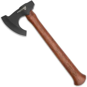 BUSHMASTER Woodsman Axe with Leather Sheath - 1055 High Carbon Steel Axe Head, Razor Sharp Blade, Dark Grey Coating, Hardwood Handle, Stained Finish, Use for Bushcrafting and Trailblazing - Length 16”