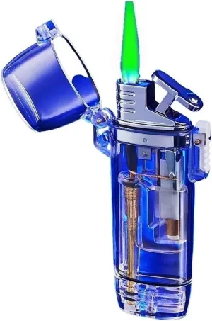 Butane Gas Lighter, Gradient Green Flame Windproof Sealed Waterproof Metal Transparent Visible Gas Lighter, Suitable for Outdoor, Hiking, Camping (Butane not Included)