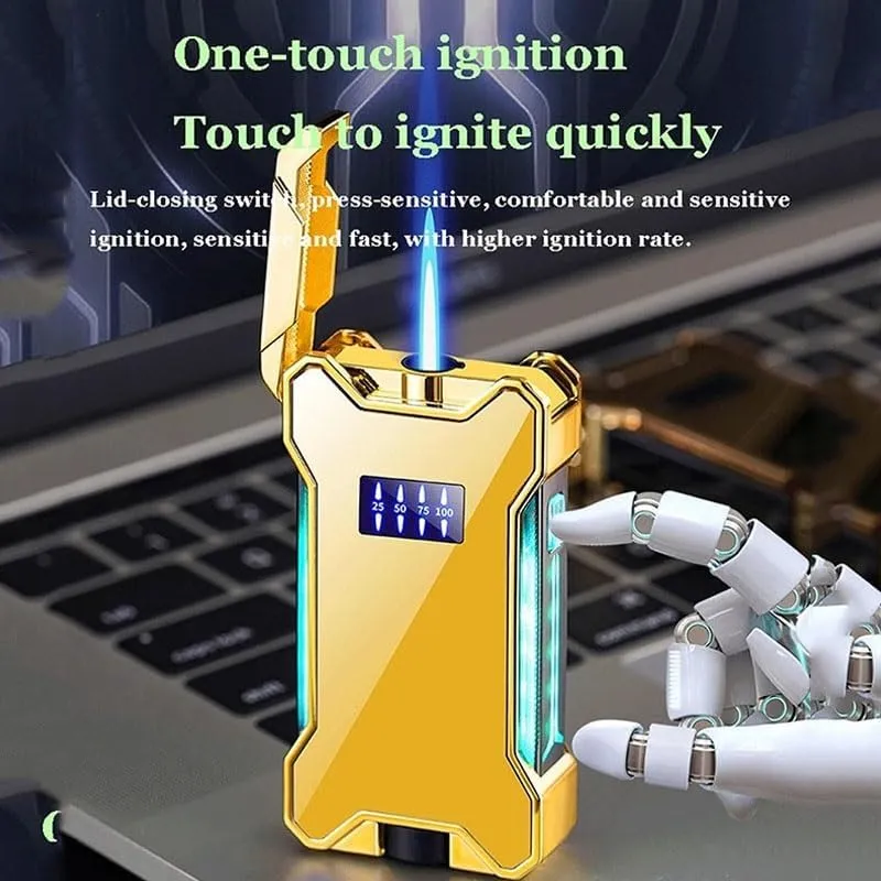 Butane Jet Blue Flame Torch Lighter, Mecha Shape, Cool Color Changing Light, Electroplating Process, LED Power Display Rechargeable Lighter, with Visible Luminous Air Window Lighter, Men's Gift(Black)