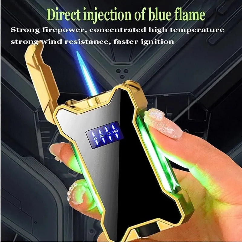 Butane Jet Blue Flame Torch Lighter, Mecha Shape, Cool Color Changing Light, Electroplating Process, LED Power Display Rechargeable Lighter, with Visible Luminous Air Window Lighter, Men's Gift(Black)