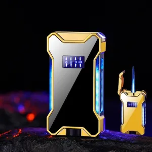 Butane Jet Blue Flame Torch Lighter, Mecha Shape, Cool Color Changing Light, Electroplating Process, LED Power Display Rechargeable Lighter, with Visible Luminous Air Window Lighter, Men's Gift(Black)