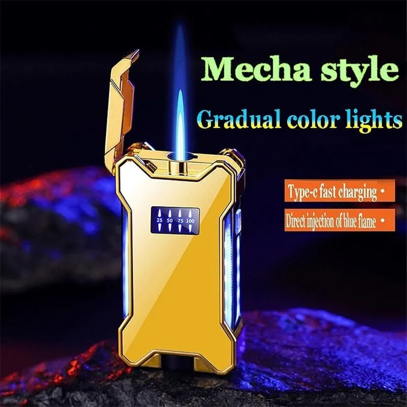 Butane Jet Blue Flame Torch Lighter, Mecha Shape, Cool Color Changing Light, Electroplating Process, LED Power Display Rechargeable Lighter, with Visible Luminous Air Window Lighter, Men's Gift(Black)
