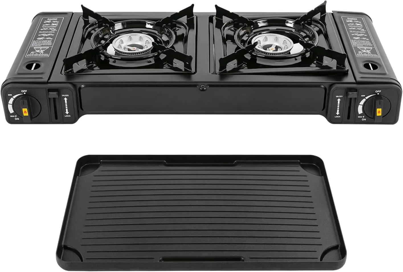 Butane Stove Indoor Use Gas Burner, Portable Gas Stove with Adjustable 2 Burners For Cooking, Emergency Portable Stove For Camping Tailgating BBQ Outdoor Stove with Grill Tray & Carry Case