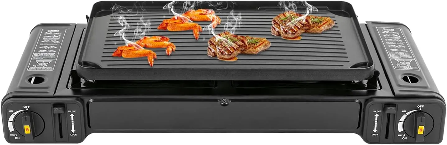 Butane Stove Indoor Use Gas Burner, Portable Gas Stove with Adjustable 2 Burners For Cooking, Emergency Portable Stove For Camping Tailgating BBQ Outdoor Stove with Grill Tray & Carry Case
