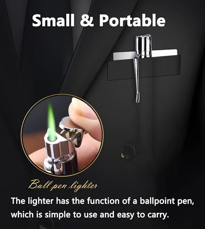 Butane Torch Lighter - Ballpoint Pen Lighter, Windproof Solar Beam Torch, Refillable Adjustable Green Flame Cool Lighter for Candle Camping BBQ Kitchen, Mens Gifts (Without Gas) (Brown)