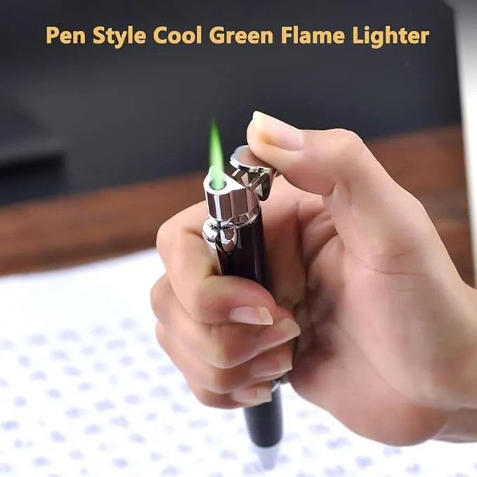 Butane Torch Lighter - Ballpoint Pen Lighter, Windproof Solar Beam Torch, Refillable Adjustable Green Flame Cool Lighter for Candle Camping BBQ Kitchen, Mens Gifts (Without Gas) (Brown)