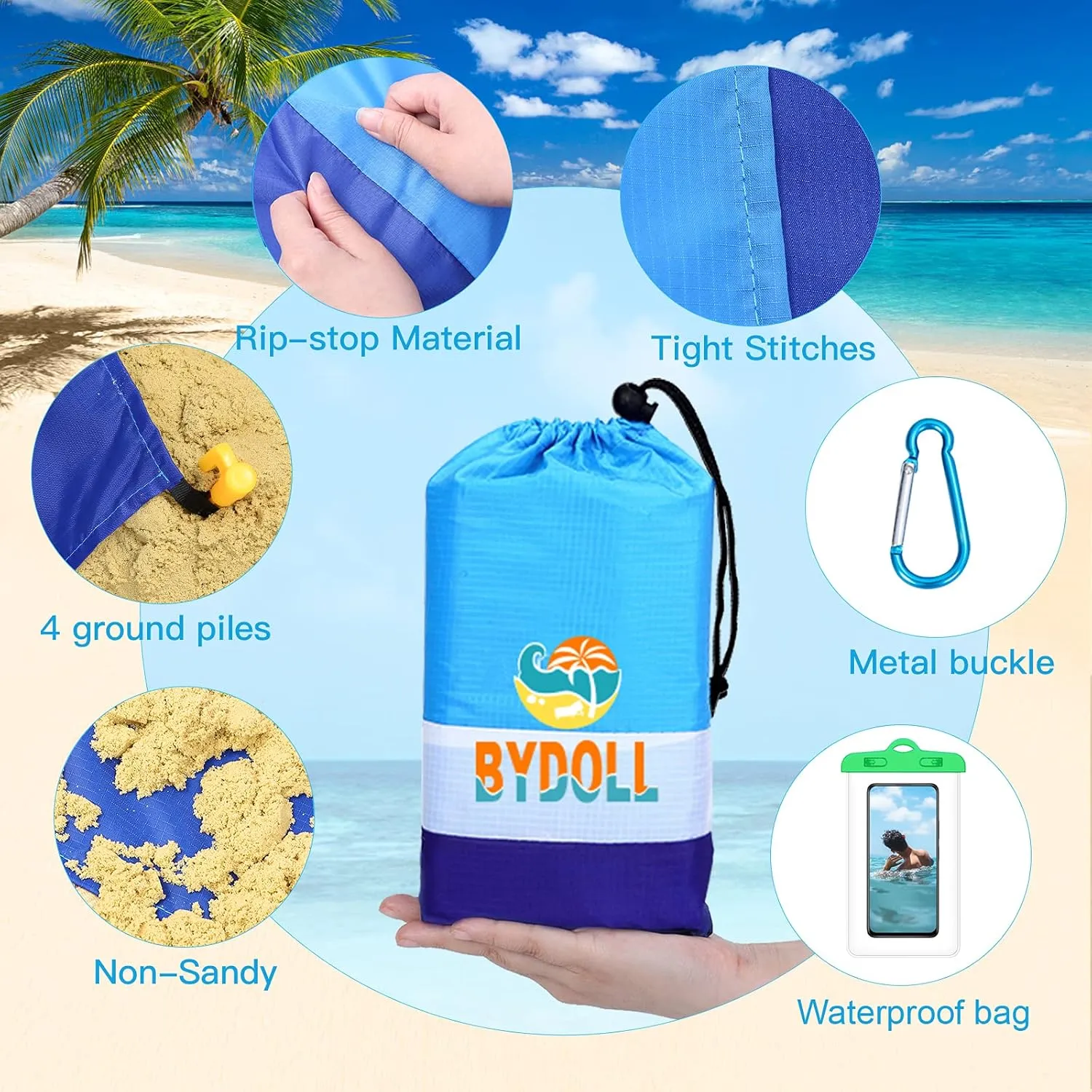 BYDOLL Beach Blanket 78''X81'' 4-7 Adults Oversized Lightweight Waterproof Sandproof Blanket for Beach Large Picnic Mat Travel Camping