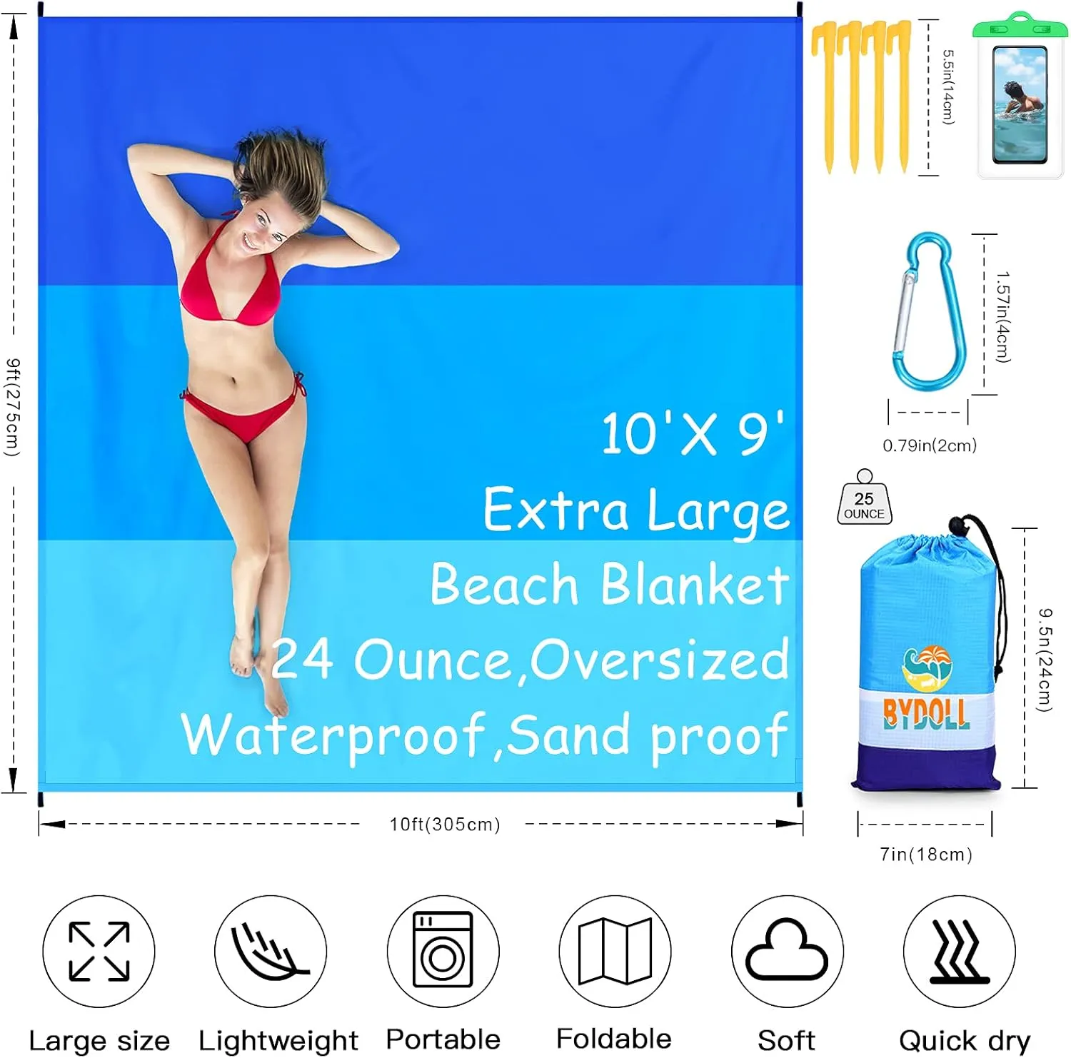 BYDOLL Beach Blanket 78''X81'' 4-7 Adults Oversized Lightweight Waterproof Sandproof Blanket for Beach Large Picnic Mat Travel Camping