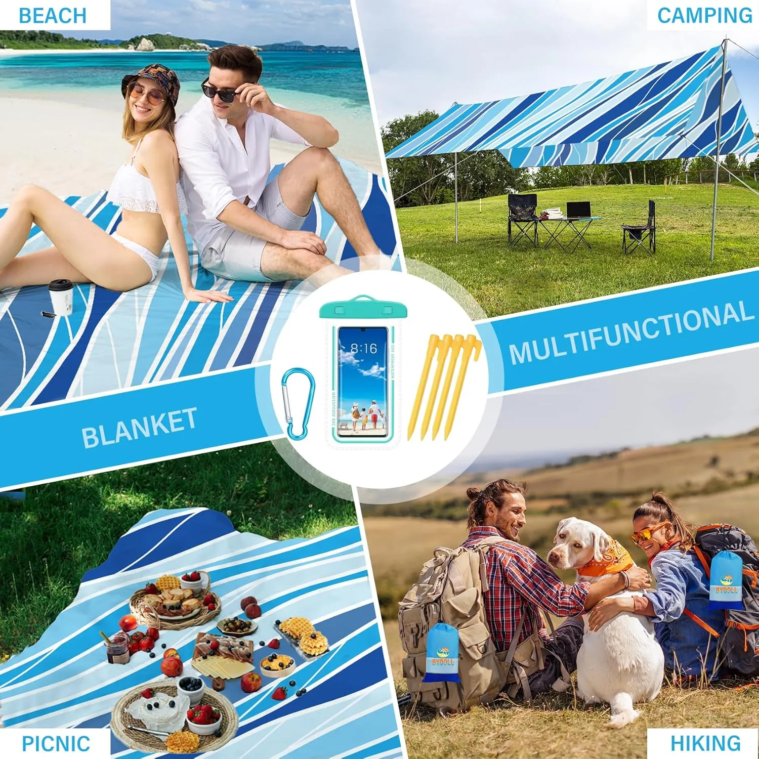 BYDOLL Beach Blanket Waterproof Sandproof 78''×110'' Suits1-7 Adults Compact Lightweight Oversized Sand-Free Blanket Large Picnic Mat for Beach Travel Camping Hiking