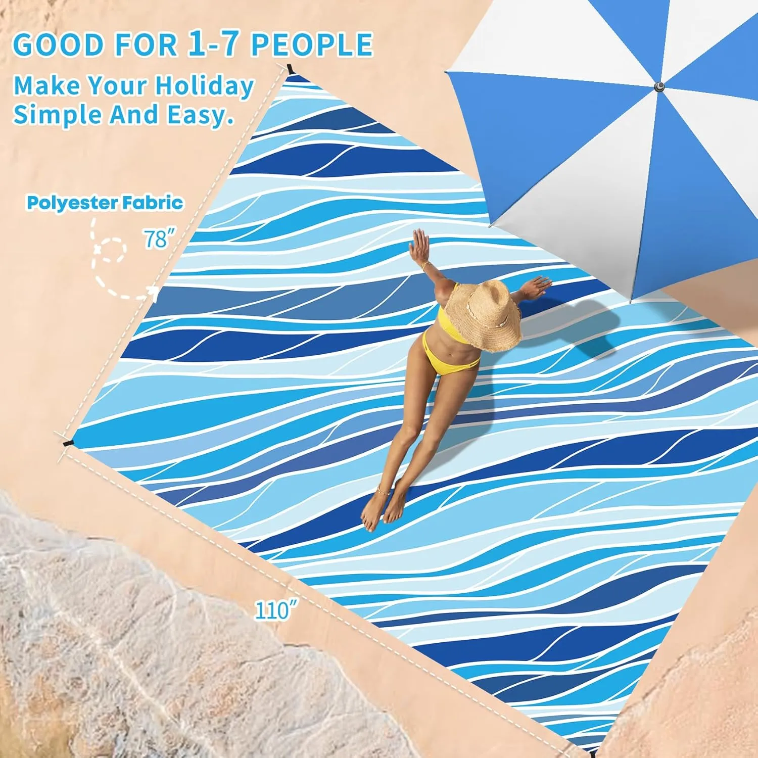BYDOLL Beach Blanket Waterproof Sandproof 78''×110'' Suits1-7 Adults Compact Lightweight Oversized Sand-Free Blanket Large Picnic Mat for Beach Travel Camping Hiking