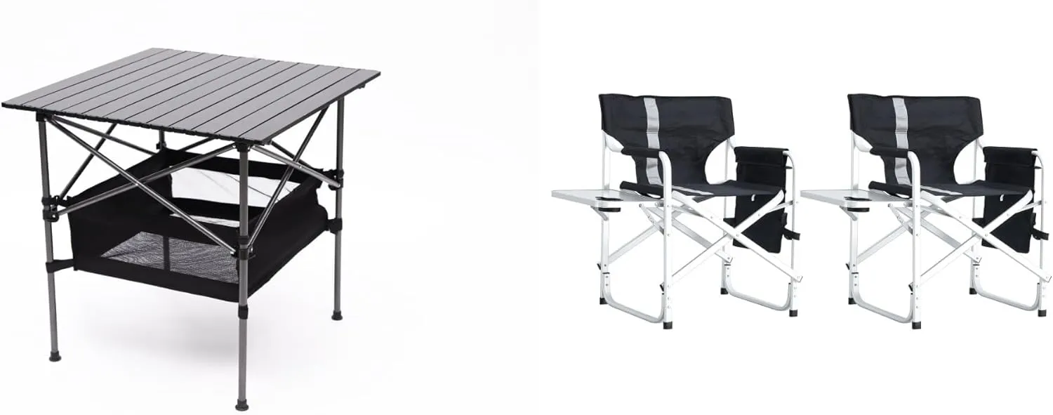 Camp Tables Portable Foldable，Portable Camping Table and Chairs Set, 3-Piece, Aluminum Frame, 27.56-inch Square Table, 2 Directors Chairs with Side Table