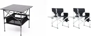 Camp Tables Portable Foldable，Portable Camping Table and Chairs Set, 3-Piece, Aluminum Frame, 27.56-inch Square Table, 2 Directors Chairs with Side Table