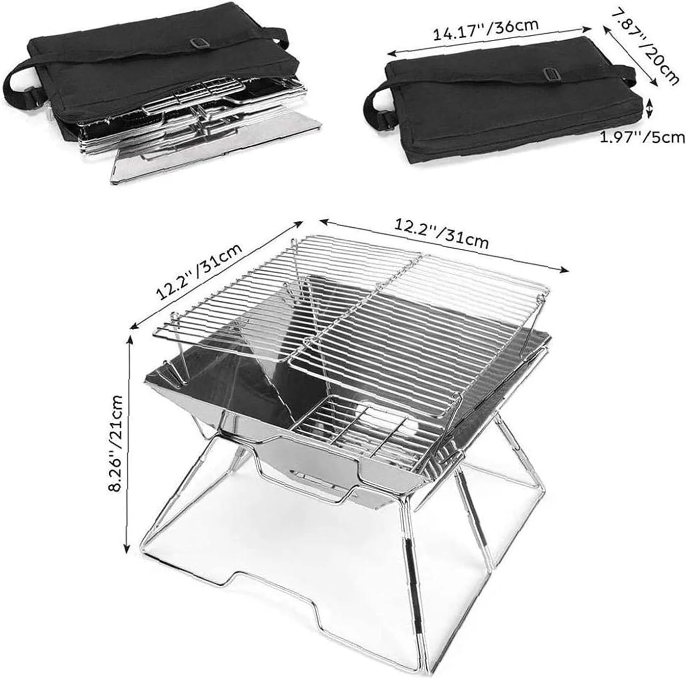 Campfire Grill Folded Charcoal BBQ Grill Stainless Steel Camping Fire Pit Heavy Duty Portable Camping Grill Grill with Carrying Bag for Outdoor Picnic Patio Backyard Camp