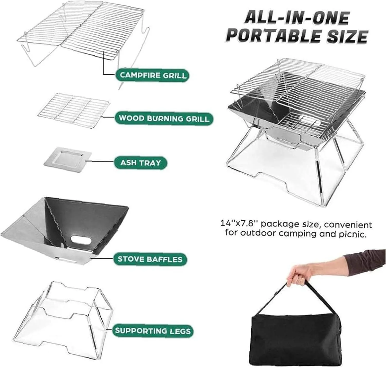 Campfire Grill Folded Charcoal BBQ Grill Stainless Steel Camping Fire Pit Heavy Duty Portable Camping Grill Grill with Carrying Bag for Outdoor Picnic Patio Backyard Camp