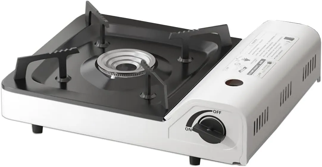 Camping gas stove with carrying case, 3.5 KW outdoor camping stove with ignition protection and piezo ignition, 1-burner gas stove with windproof ring, compact gas cartridge outdoor camping stove