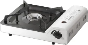 Camping gas stove with carrying case, 3.5 KW outdoor camping stove with ignition protection and piezo ignition, 1-burner gas stove with windproof ring, compact gas cartridge outdoor camping stove