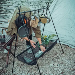 Camping Hanging Rack with Mesh Bag Foldable Aluminum Alloy Camping Stand Hanging Organizer with 6 Hooks Lightweight Portable Multifunction Outdoor Tool for Hanging Light Tools Cookware