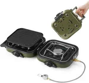 Camping Stove 2-in-1 Gas Frying Pan - Portable Double-Fire Folding Gas Stove with Adjustable Burners, Carrying Handle, Iron Skillet for Camping & Hiking