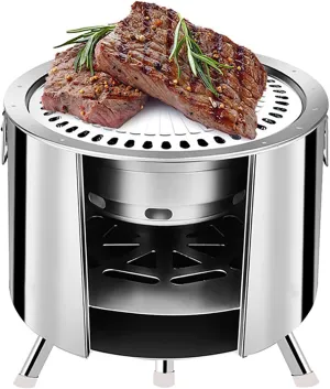 Camping Stove,Outdoor Fire Pits, with Stand Stainless Steel Bonfire Stove,Wood Burning Heater for Camping and Indoor Use,with Foldable Legs and Grill