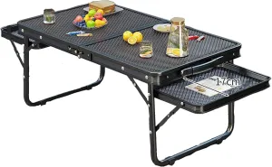 Camping Table 24/28FT Grill Table with Table Extension Board Adjustable Height Mesh Top Portable Folding Tables for Outdoor Indoor Beach BBQ Picnic Travel（ Black）(Double ears,60cm)
