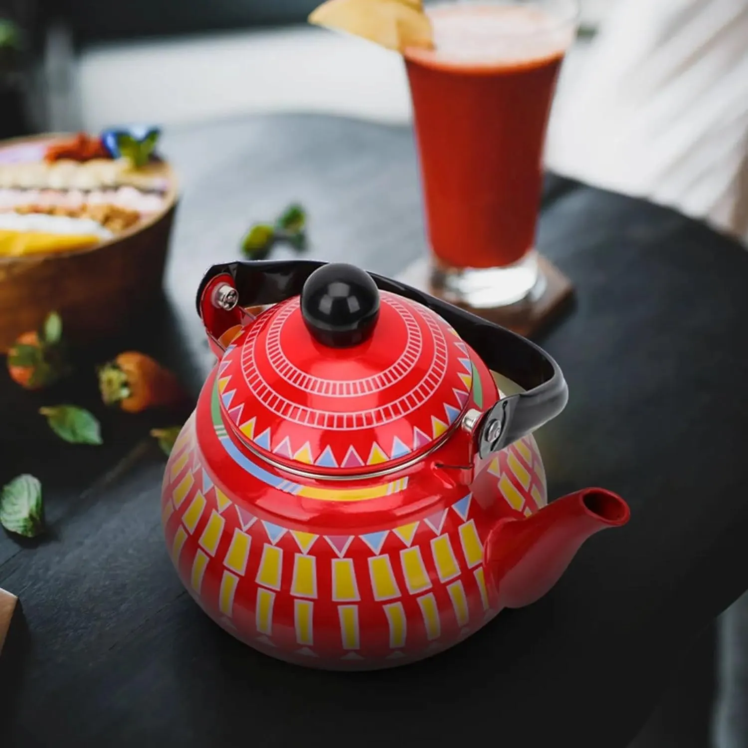 Camping Tea Kettle Enamel Coated, Portable Stovetop Kettle for Boiling Water, Outdoor Coffee Pot with Foldable Handle(Red,2.5L)
