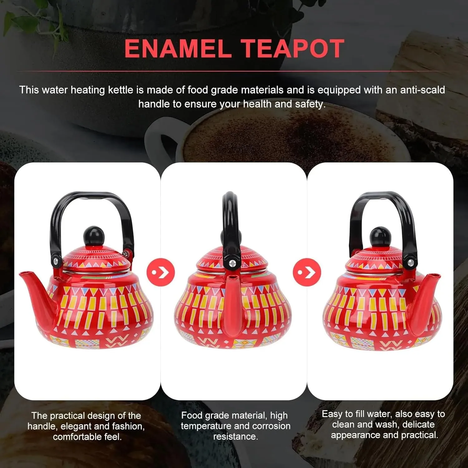 Camping Tea Kettle Enamel Coated, Portable Stovetop Kettle for Boiling Water, Outdoor Coffee Pot with Foldable Handle(Red,2.5L)