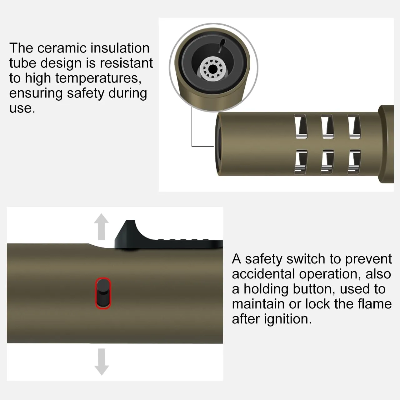 Camping Torch Lighter, Windproof Bright Fire Lighter with Safety Lock, Refillable Straight Flame Lighter with Adjustable Jet Flame for Tactical Outdoor Hiking Candles Kitchen BBQ Campfires (Brown)