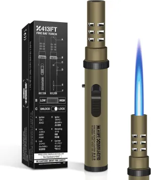 Camping Torch Lighter, Windproof Bright Fire Lighter with Safety Lock, Refillable Straight Flame Lighter with Adjustable Jet Flame for Tactical Outdoor Hiking Candles Kitchen BBQ Campfires (Brown)